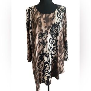 Chico’s Travelers Brown Black Abstract Print Tunic Top Stretch Travel Blouse L